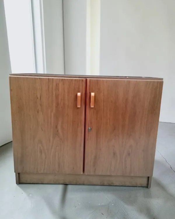 Mueble bajo de oficina vintage con dos puertas y estante interior