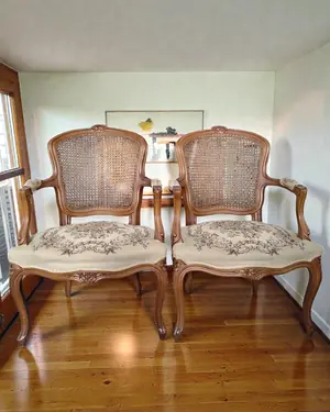 Pareja de sillones antiguos estilo Luis XV con respaldo de mimbre - miniatura 1