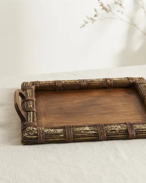 Bandeja Vintage de Madera y Ratán con Asas - miniatura 1