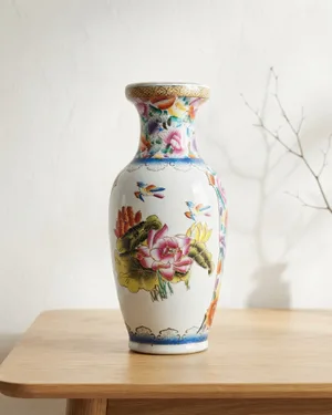 Jarrón Chino de Porcelana Pintado a Mano con Flores y Aves - miniatura 1