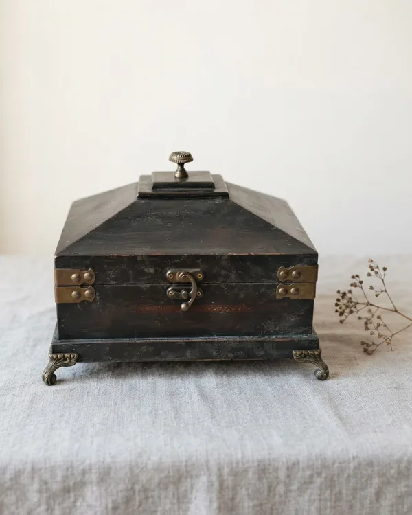 Joyero antiguo de madera con herrajes de latón y forro interior