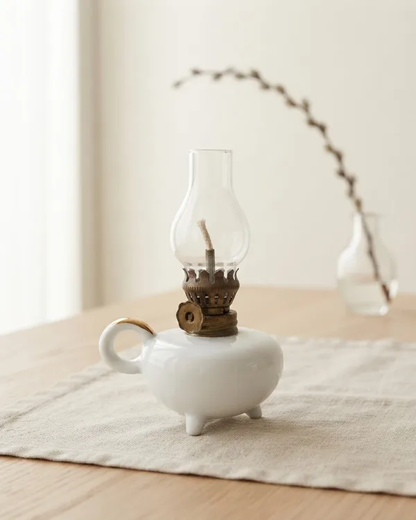 Mini Lámpara de Aceite Vintage con Base de Cerámica y Detalles en Latón