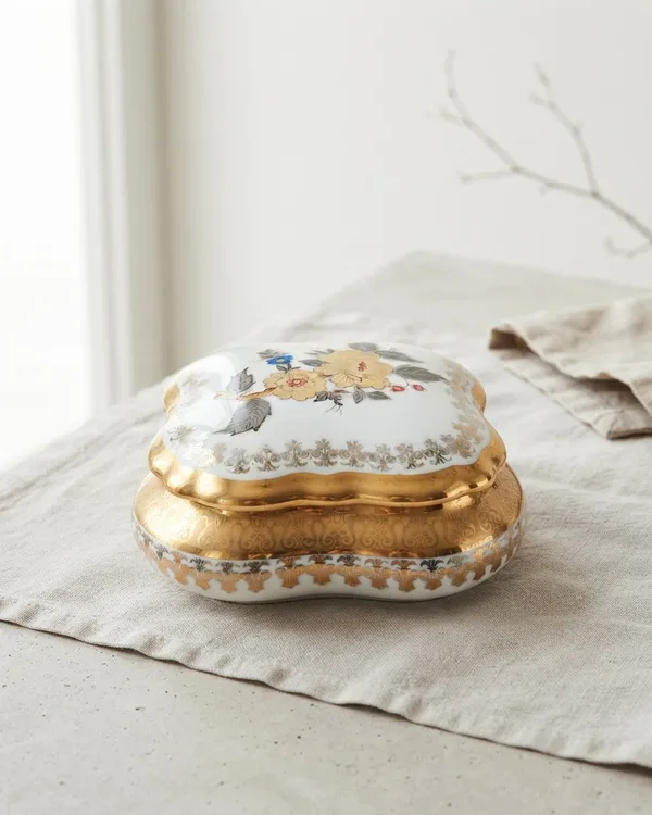 Caja Joyero de Porcelana con Decoración Floral y Detalles en Oro