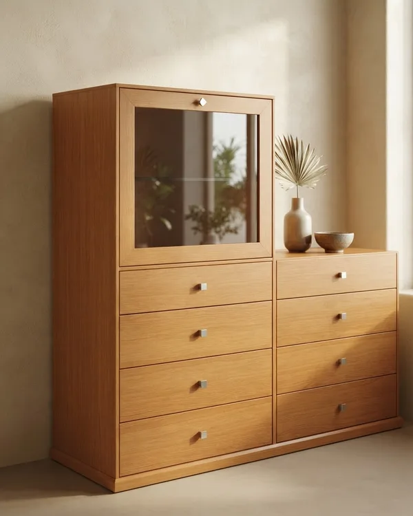 Mueble de comedor de madera con cristal y cajones