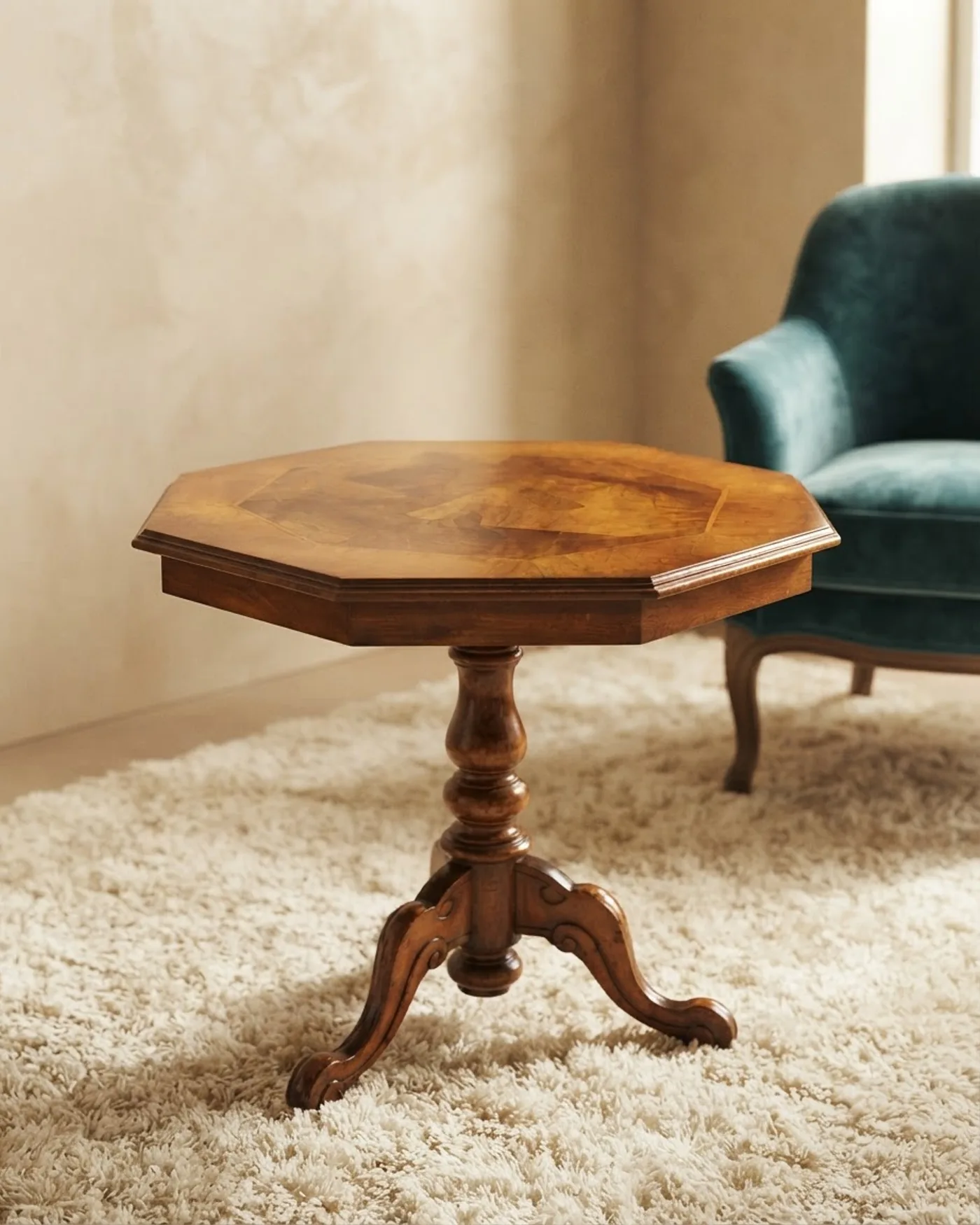 Mesa Auxiliar Octogonal de Madera con Base de Tres Patas - imagen 1