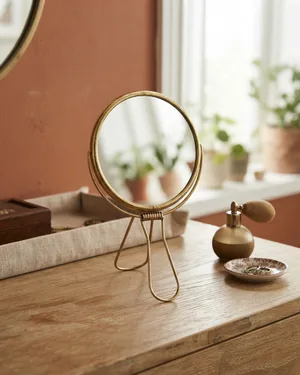 Espejo de Mano Vintage Dorado con Soporte - miniatura 1
