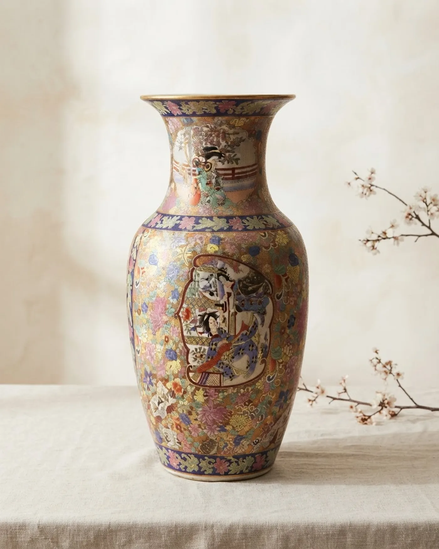Gran jarrón de porcelana china con motivos florales y figuras - imagen 1