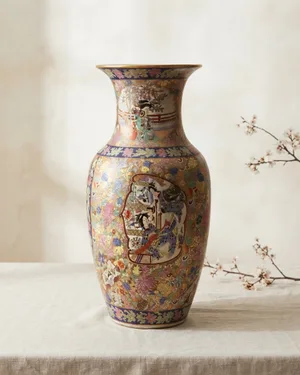 Gran jarrón de porcelana china con motivos florales y figuras - miniatura 1