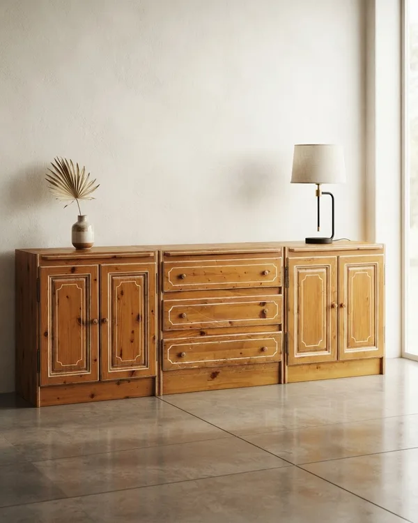 Mueble de 3 módulos de pino con detalles en blanco