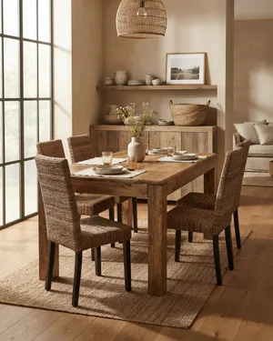 Mesa de Comedor Rústica con 4 Sillas de Fibra Natural - miniatura 1