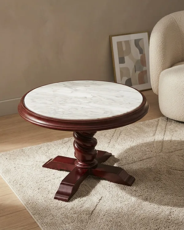 Mesa auxiliar redonda con base de madera y tapete de mármol