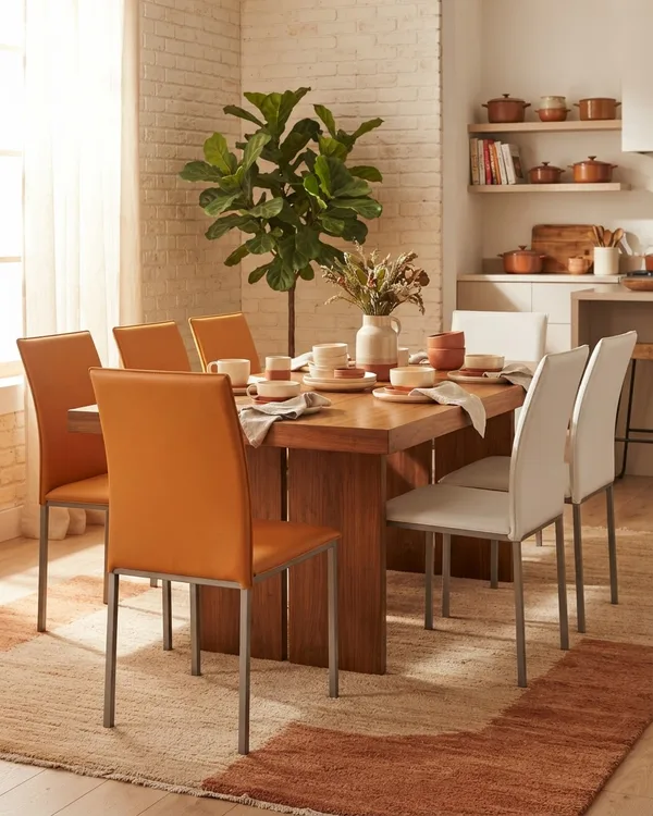 Conjunto de 6 Sillas de Comedor con Estructura Metálica y Tapizado en Blanco y Naranja