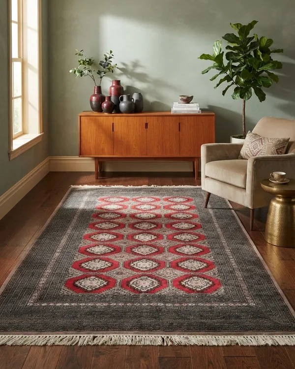 Gran Alfombra Vintage Estilo Oriental con Diseño Geométrico