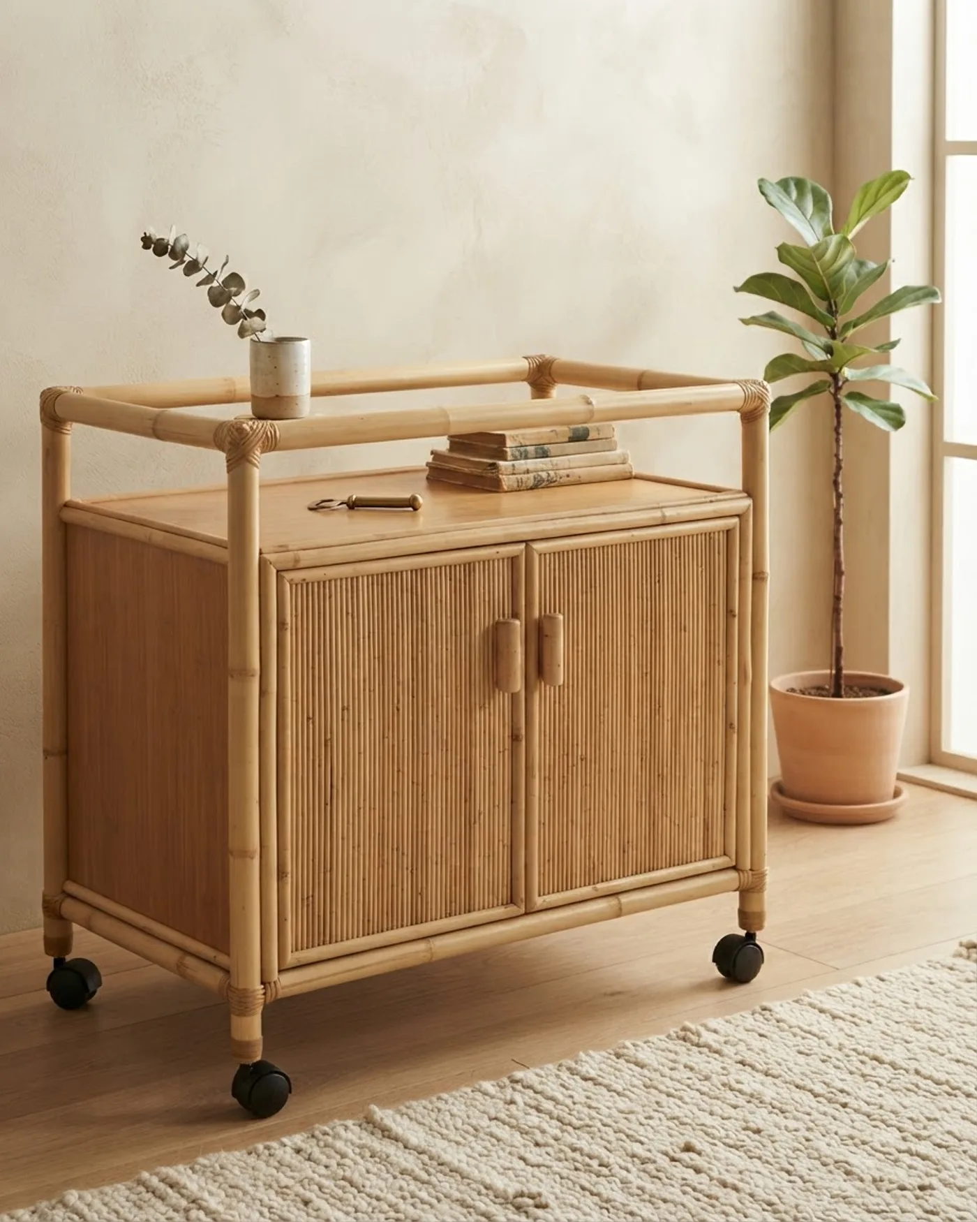 Mueble Auxiliar de Bambú y Ratán con Ruedas - imagen 1