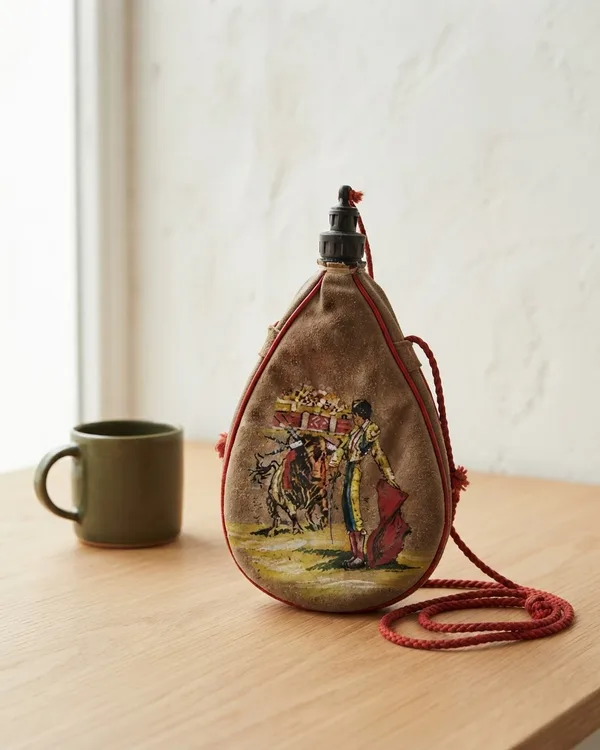 Cantimplora de cuero con ilustración de toros