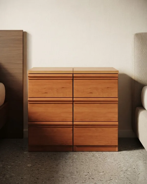 Par de mesitas de noche de madera con tres cajones
