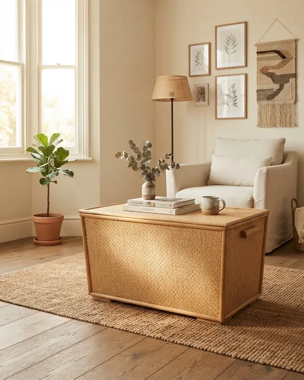 Baúl Vintage de Mimbre con Estructura de Madera