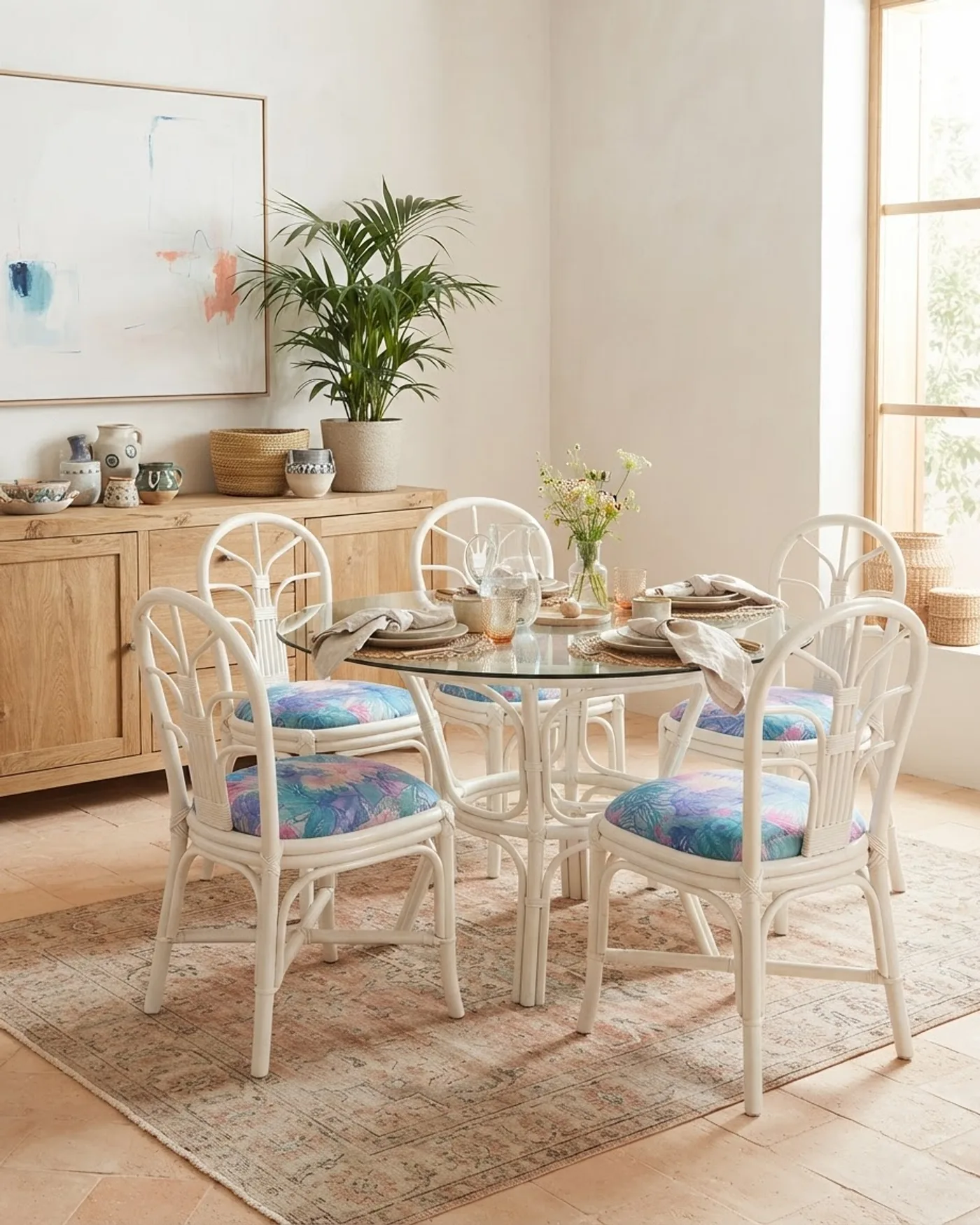 Conjunto de Mesa y 6 Sillas de Ratán Blanco con Cristal - imagen 1