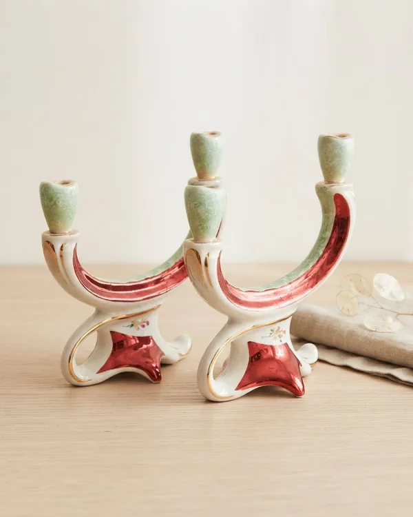 Par de Candelabros de Cerámica con Detalles en Rojo, Verde y Dorado