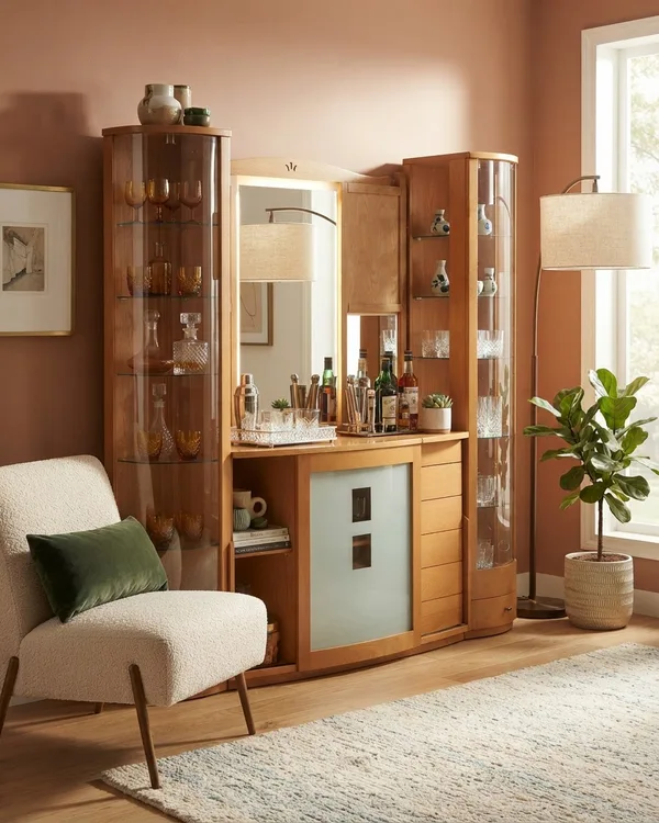 Mueble Bar Moderno con Vitrinas y Espejo