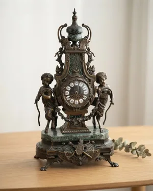 Reloj imperial Franz Hermle con figuras de querubines y base de mármol verde - miniatura 1