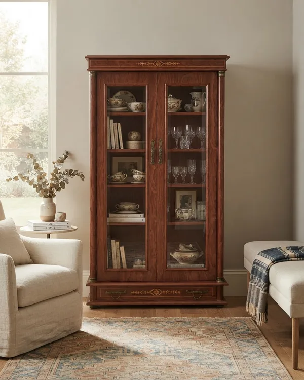 Vitrina Clásica de Madera con Puertas de Cristal y Cajón