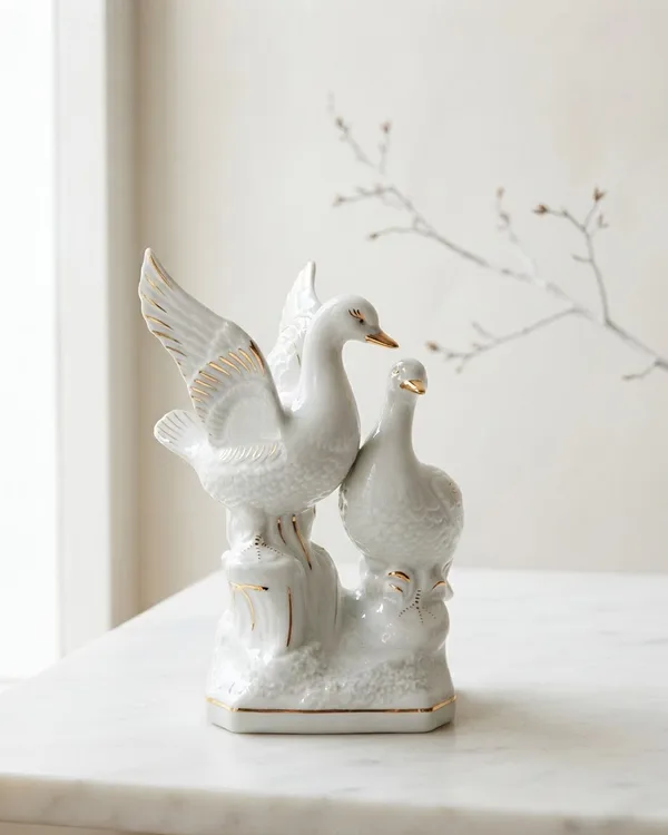 Figura de palomas en porcelana con detalles dorados