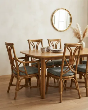 Conjunto mesa y sillas comedor de madera y mimbre - miniatura 1