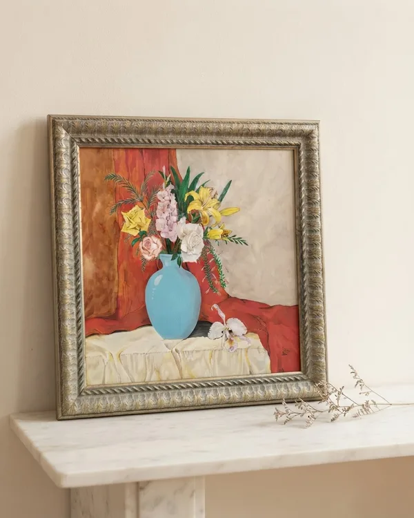 Oleo bodegón de flores pintado a mano