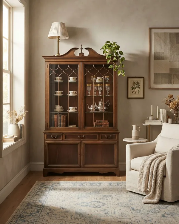 Vitrina de Madera Oscura Vintage con Cristales Decorativos