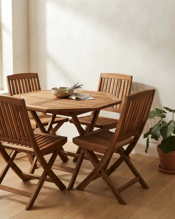 Conjunto de exterior de madera con mesa octogonal y 4 sillas plegables