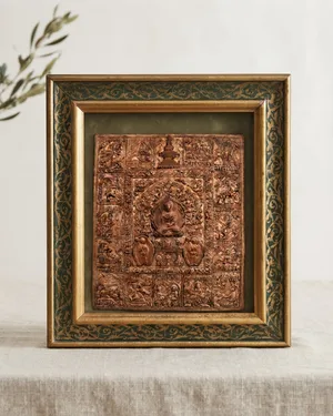 Placa Votiva de Buda en Cobre y Latón con Marco Decorativo - miniatura 1
