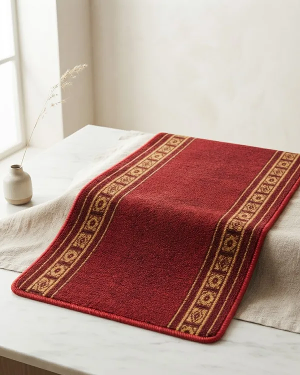 Alfombra de pasillo roja con bordes decorativos