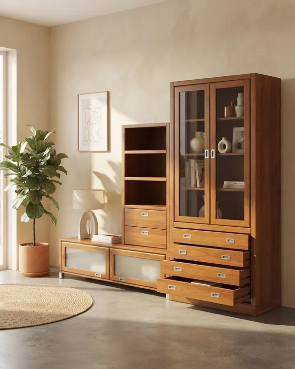 Mueble de salón modular de madera con vitrina y cajones
