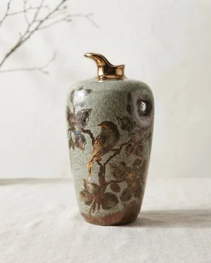 Tibor de Cerámica Decorativa con Pájaros y Flores - miniatura 1