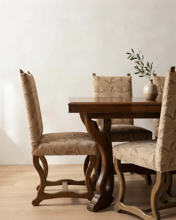 Conjunto de comedor clásico de madera con tapizado floral