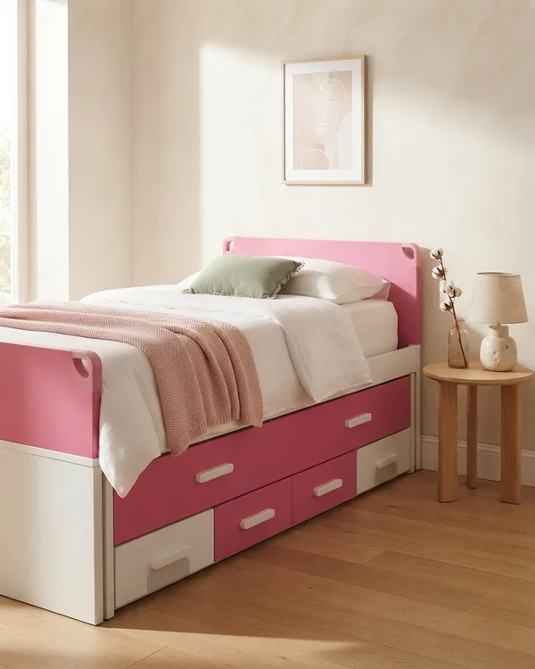 Cama nido infantil rosa y blanca