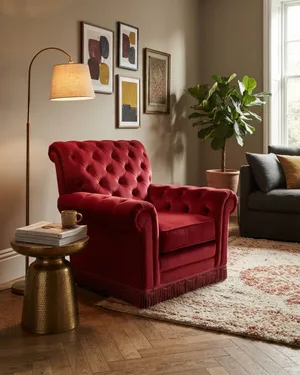 Sillón Chester en Terciopelo Rojo con Botones - miniatura 1