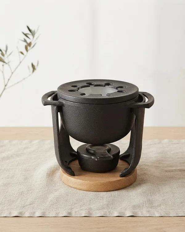 Set de Fondue de Hierro Fundido con Base de Madera