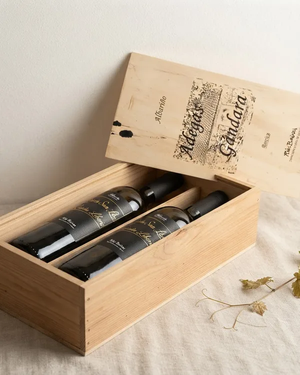 Caja de madera con dos botellas de vino albariño Quinta San Liborio