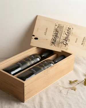 Caja de madera con dos botellas de vino albariño Quinta San Liborio - miniatura 1