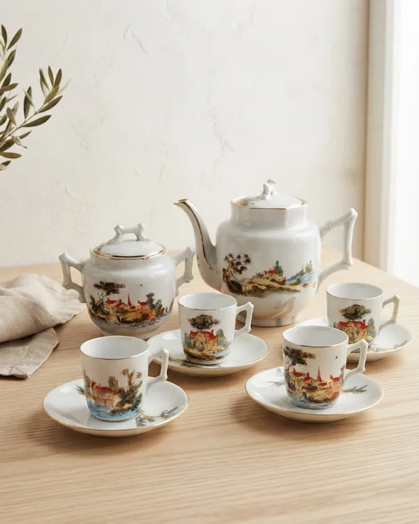 Juego de Té o Café de Porcelana con Paisaje