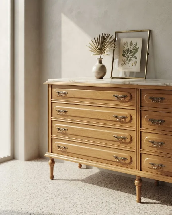 Cómoda doble de madera con tapa de mármol