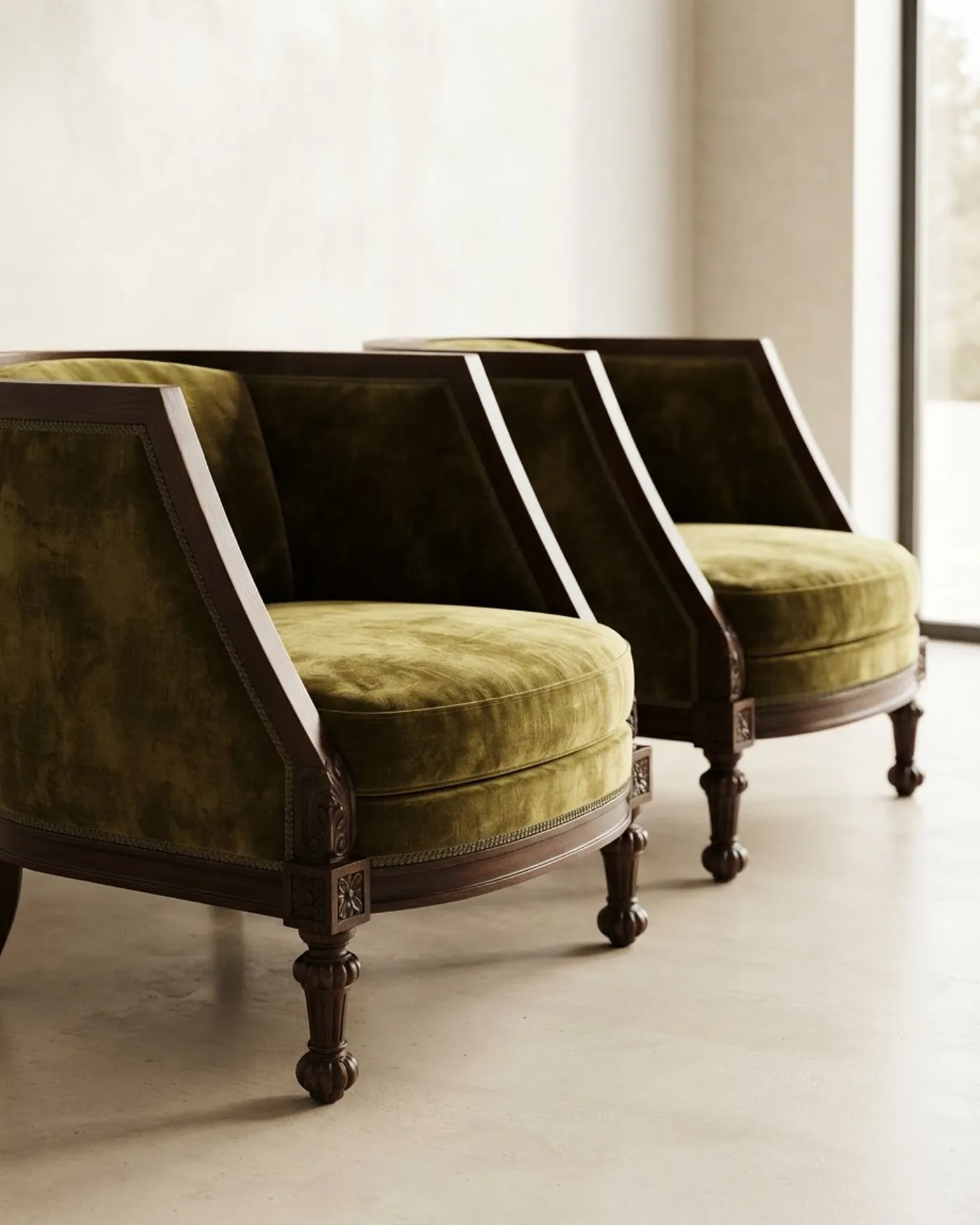 Par de sillones vintage tapizados en terciopelo verde oliva - imagen 1