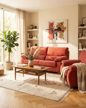 Sofá de 2 Plazas y Sillón Fama en Tela Roja - miniatura 1