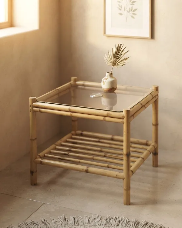Mesa Auxiliar de Bambú con Cristal