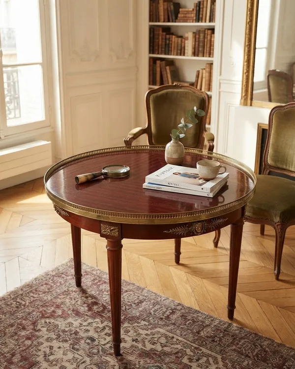 Mesa Francesa Redonda con Borde de Latón y Detalles Ornamentales
