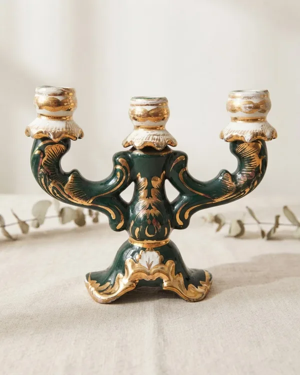 Candelabro de Porcelana Verde y Dorado de Tres Brazos