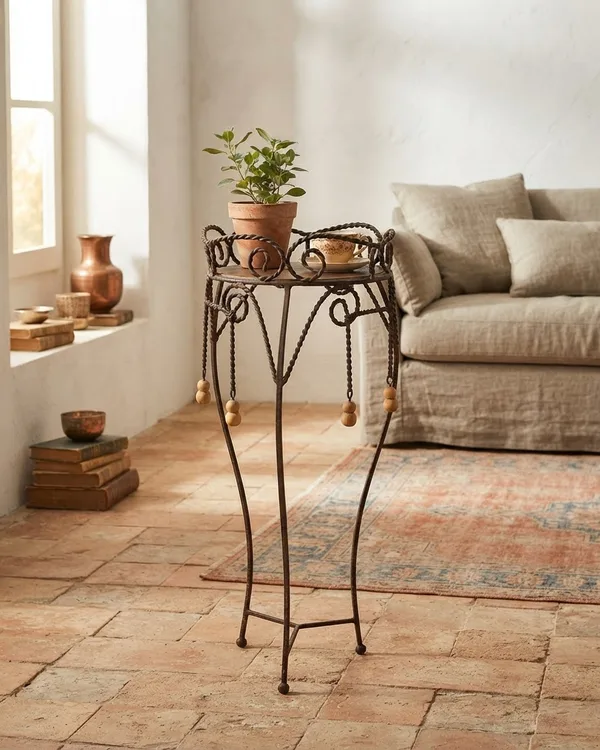Mesa Auxiliar de Pie de Hierro Forjado con Detalles Decorativos