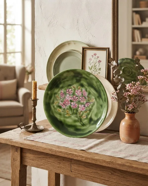 Plato Vintage de Cerámica Verde con Flores Rosas de J.r. Rabatti
